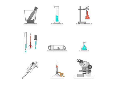 Scientific Set Of Laboratory bunsen burner chemical flask icons laboratory microscope mortar pipette safety glasses science thermometer vector