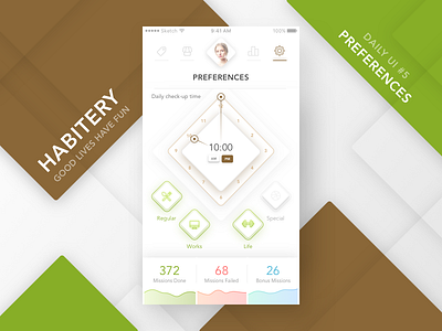 HABITERY: Idea Journal Challenge #1.5 admin app button chart clock daily ui dashboard design habitery idea journal mobile settings