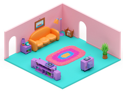 Simpson's Living Room — Day&Night blender blender3d carpet homer homer simpson interior isometry room simpsons sofa springfield tv