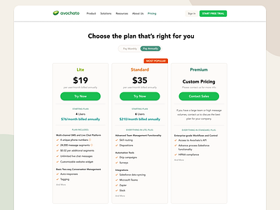 Avochato Pricing Page plan pricing website