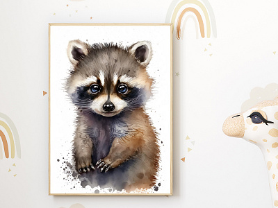Watercolor Baby Raccoon Nursery Wall Art Décor