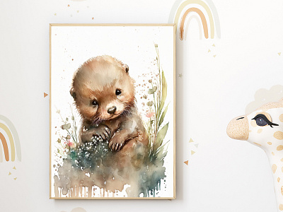Watercolor Baby Otter Nursery Wall Art Décor