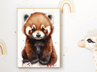 Watercolor Baby Red Panda Nursery Wall Art Décor