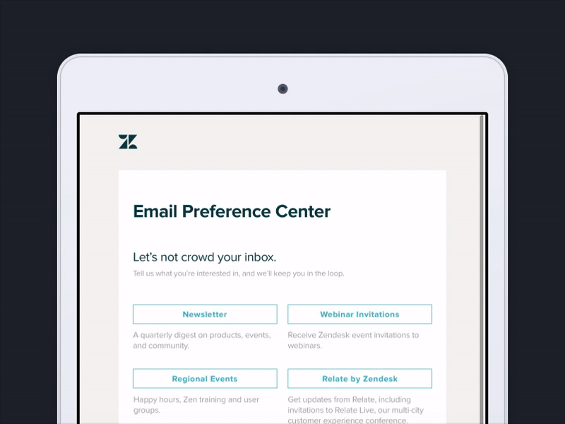 Zendesk Preference Center animation application email gif minimal preference center rebrand redesign relationship tablet web design zendesk