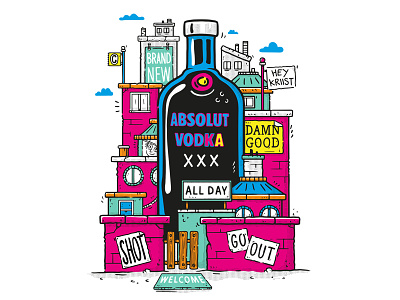 T-Shirt design for Absolut city drinks ilustration pink popart posters streetart vodka yellow