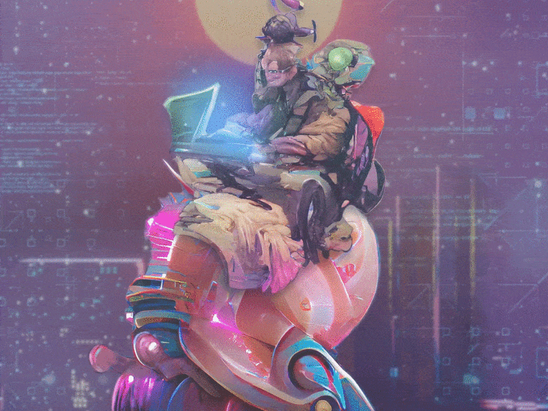 [riding a snail] acid animation building city coding design glasses glow illustration laptop motion graphics neon numbers pink riding sky snail