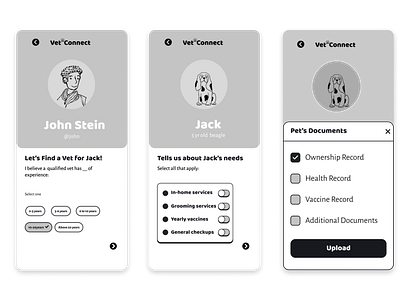 VetConnect Mid-Fidelity Wireframes app components figma mobileapp ux uxui