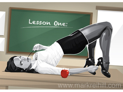 Teacher apple art beautiful glasses grey illustration mark reihill person portrait red school sexy skirt teacher woman