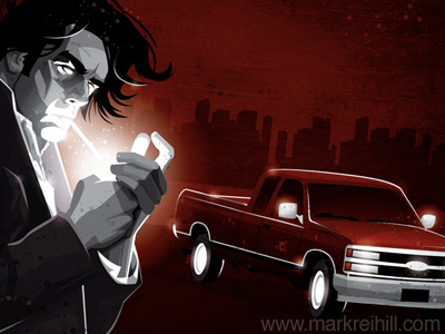 Drive city drama drive illustration killer mood portrait red smoke story suspense thriller truck