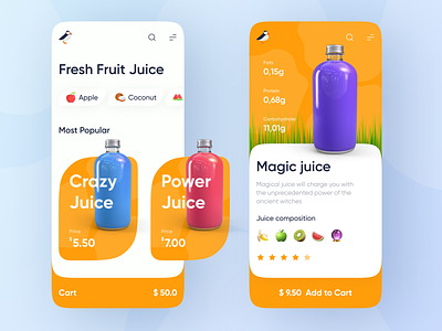 Fresh Fruit Juice Shop App Design 2020 trend app clean colorful ecommerce fruit juice magic orange product product card product design puffin shop