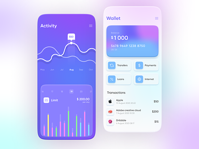 Mobile Banking App Concept 2020 trend app bank banking blur blurry card clean colorful finance neumorphic neumorphism skeuomorphic skeuomorphism wallet