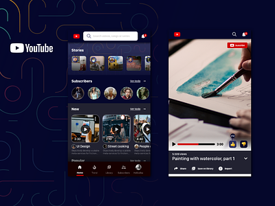 Youtube redesign adobe xd app app bar dark mode design home play product design search stories ui ui ux ui design ux video web app youtube youtubers