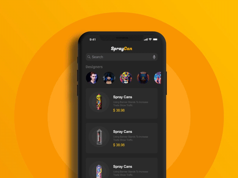 Spray Paint Ecommerce after effects animations art fashion black yellow ecommerce gif motion photo app mobile app invite dribbble invite ios designs xd ae ui ux iphone x iphonex iphone animation spray paint art spray can store