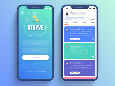 Finance App Project budget budgeting wealth gamification fun card style gradient color blue green interface ios iphone x iphonex mobile app ui ux design money management wallet personal finance financial welcome login signup screen