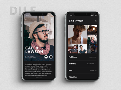 Profile & Edit Profile card style photograph dark background black color dark color card style gay dating social network media ios phone x iphonex interface male men events list screen mobile app ui ux design modern fashion profile screen edit page