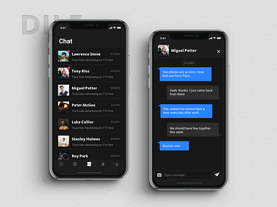 Chat Screens card style photograph chat chatting screen dark background black color dark color card style gay dating social network media ios phone x iphonex interface male men events list screen mobile app ui ux design modern fashion