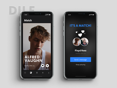 Match Screens card style photograph dark background black color dark color card style gay dating social network media ios phone x iphonex interface male men events list screen match matching screen mobile app ui ux design modern fashion