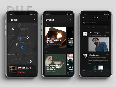 Events & Places card style photograph dark background black color dark color card style event place recommendation gay dating social network media ios phone x iphonex interface male men events list screen map community screen page mobile app ui ux design modern fashion