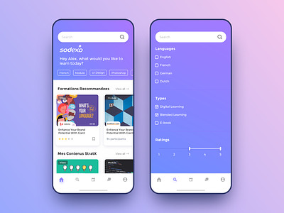 MySkillCamp mobile app card gamification catalog course list page clean style purple color gradient background homepage search screen interface ios iphone x iphonex learning skills mobile app ui ux design myskillcamp
