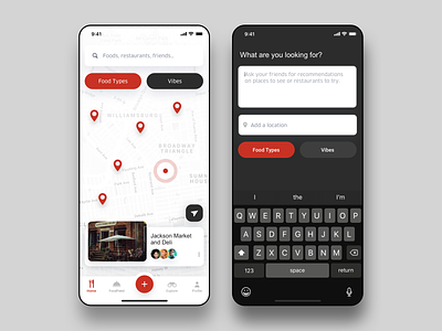 Restaurant Finding App Project clean card style red color food drink restaurant eat interface ios iphone x iphonex map keyboard location mobile app ui ux design place recommendation find search menu bar typing white black dark background