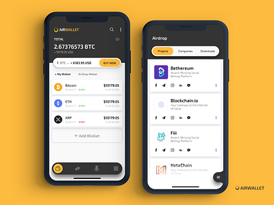 Airwallet - Crypto Wallet App Project airdrop company list blockchain cryptocurrency card style material dark catalog screen crypto currency exchange floating button menu tab bar interface ios iphone x iphonex mobile app ui ux design show hide total balance wallet bitcoin tech technology wallet exchange airwallet icon white clean color black yellow
