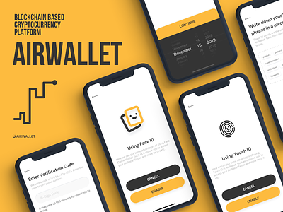 AirWallet - Onboarding Screens birthday date of birth blockchain cryptocurrency card style material dark crypto currency exchange date picker selector email verify phone number interface ios iphone x iphonex mobile app ui ux design onboarding flow touch id face id verification code wallet bitcoin tech technology wallet exchange airwallet icon white clean color black yellow