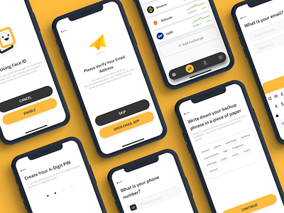 Airwallet blockchain cryptocurrency card style material dark create pin faceid face id crypto currency exchange email verify phone number interface ios iphone x iphonex menu tab bar mobile app ui ux design onboarding flow wallet bitcoin tech technology wallet exchange airwallet icon white clean color black yellow write down backup phrase