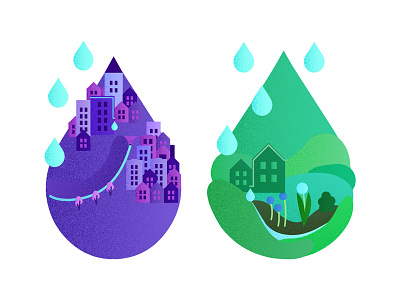 Raindrops community drops environment houses illustration rain texture town village