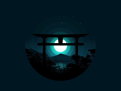 Torii blue circle dark flat illustration japan moon night shadow stars torii vector