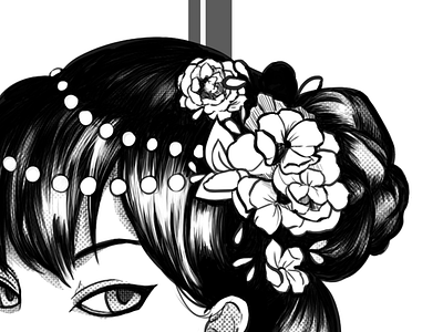 Headpiece bw flower girl hair illustration