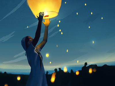 Day 17 - Flying Lanterns challenge day13 digitalart flyinglanterns girl lanterns lights night self sky