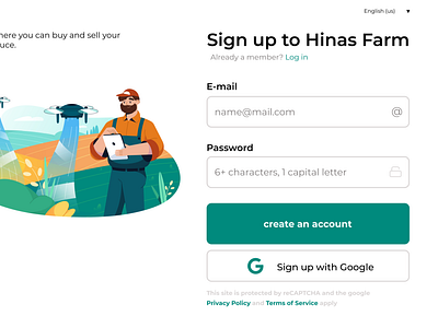 web sign up page design for a fictional  farm