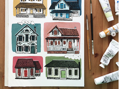Houses design gouache illustration painting watercolor