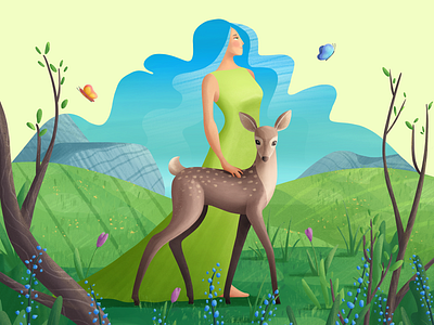 The Beauty of Spring butterfly deer fawn flowers illustration landscape nature procreate spring trinetix woman
