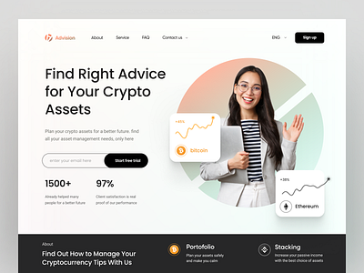 Crypto Asset Management Advisor - Website Header advisor app asset crypto finance landing page management service ui ux