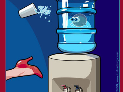 Break blowfish break room drink eyes fish panic scared shoe splash water cooler woman