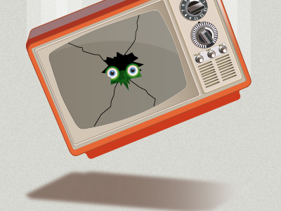 Kaboom crash falling frog monster orange scared vintage tv set