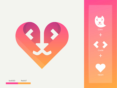 Heart + Cat + Code | Logo design animal logo branding cat code coder colorful logo creative logo developer flat logo gradient graphic design heart logo logo design logo designer love minimalist logo modern logo tech unique logo