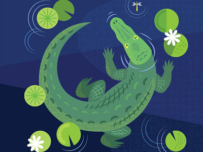 Alligator in the Water alligator animal digital dragonfly gator illustration lake lily lilypad swamp swimming texture vector water