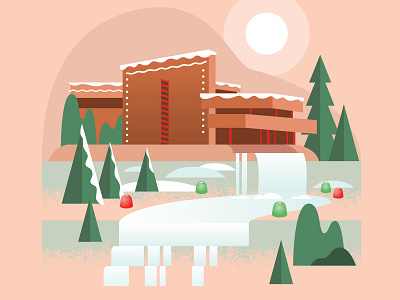 'Falling Water' Gingerbread House architecture christmas december digital falling water festive frank lloyd wright gingerbread gingerbread house house illustration snow vector winter