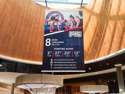 F45 Training Hanging Banner in Shopping Centre advertisement advertising australia banner billboard campaign design communications design design f45 f45 training fitness graphic design gym mall melbourne ooh out of home out of home shopping centre shopping mall