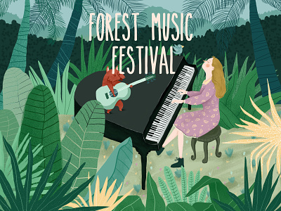 Forest Music Festival bid charactedesign cute forest forest animals fox funny girl character green happy illustration music music festival party people plant spring style woman women