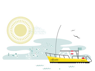 boat boat greece illustration land mid century sea sun texture vector vintage yellow