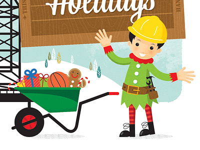 construction elf childrens christmas cute elf greetings card illustration industry texture vector wheelbarrow