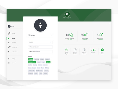 My Profile Dashboard dashboard design flat green design icon interests interface summary ui ux vector web