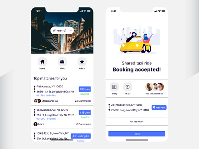 Shared taxi ride app app cards design destination flat mobile mobile app design mobile ui ride sharing ridesharing route shared taxi taxi app ui ux