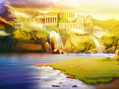 Digital painting landscape ancient greece artua background building digital painting game illustration rock temple water waterfall