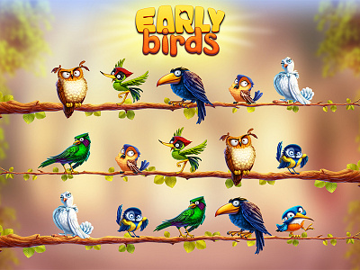 Birds game concept artua bird character concept game icon illustration owl pigeon raven