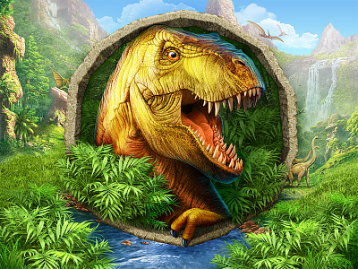 66 million years ago artua character dinosaur game illustration jungle logo mountains nature t rex water