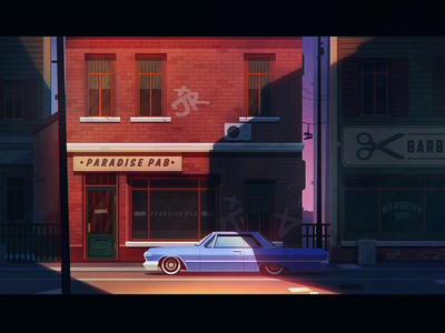 Evening in the city artua building car city flat game design illustration impala noir street urban